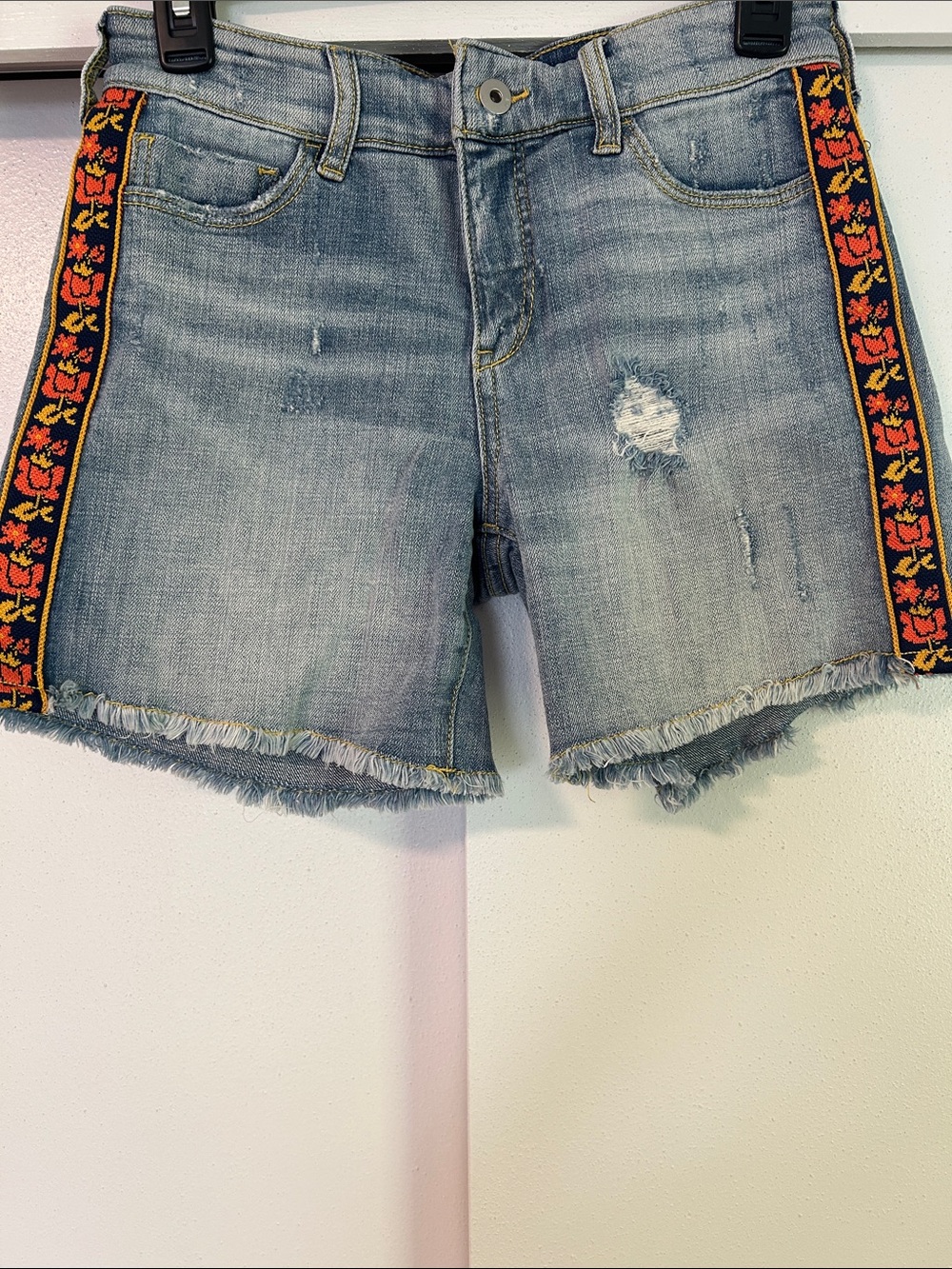 Anthropologie-Pilcro Light Wash Distressed Denim Shorts with Embroidered Sides